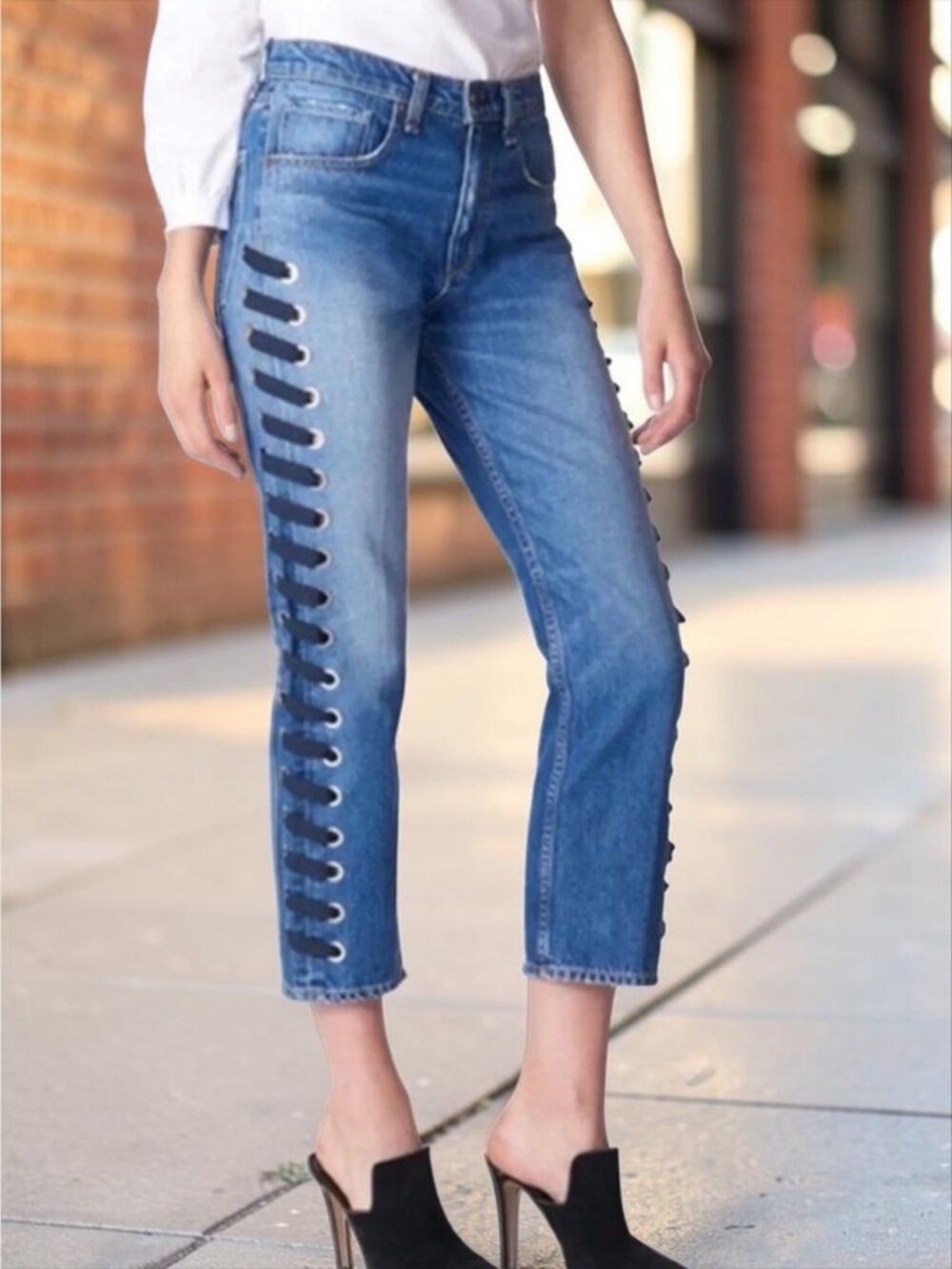 Veronica Beard Ines Girlfriend Jean 27 Stone Blue Lace Up Sides